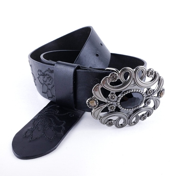 White House Black Market Accessories - Floral Embroidered Black Leather Belt Bling Buckle